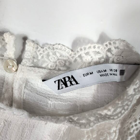 Zara Women’s M White Sheer Polka Dot Lace Ruffle Long Sleeve Blouse Boho Cottage - Picture 3 of 11
